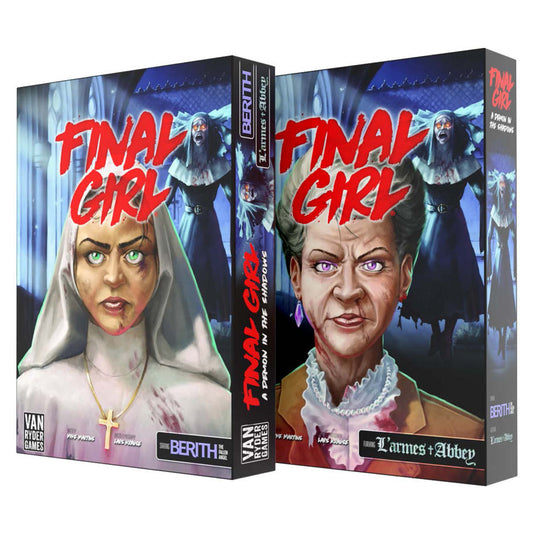 Two Final Girl: A Demon in the Shadows game boxes featuring a possessed nun with gothic windows in the background.