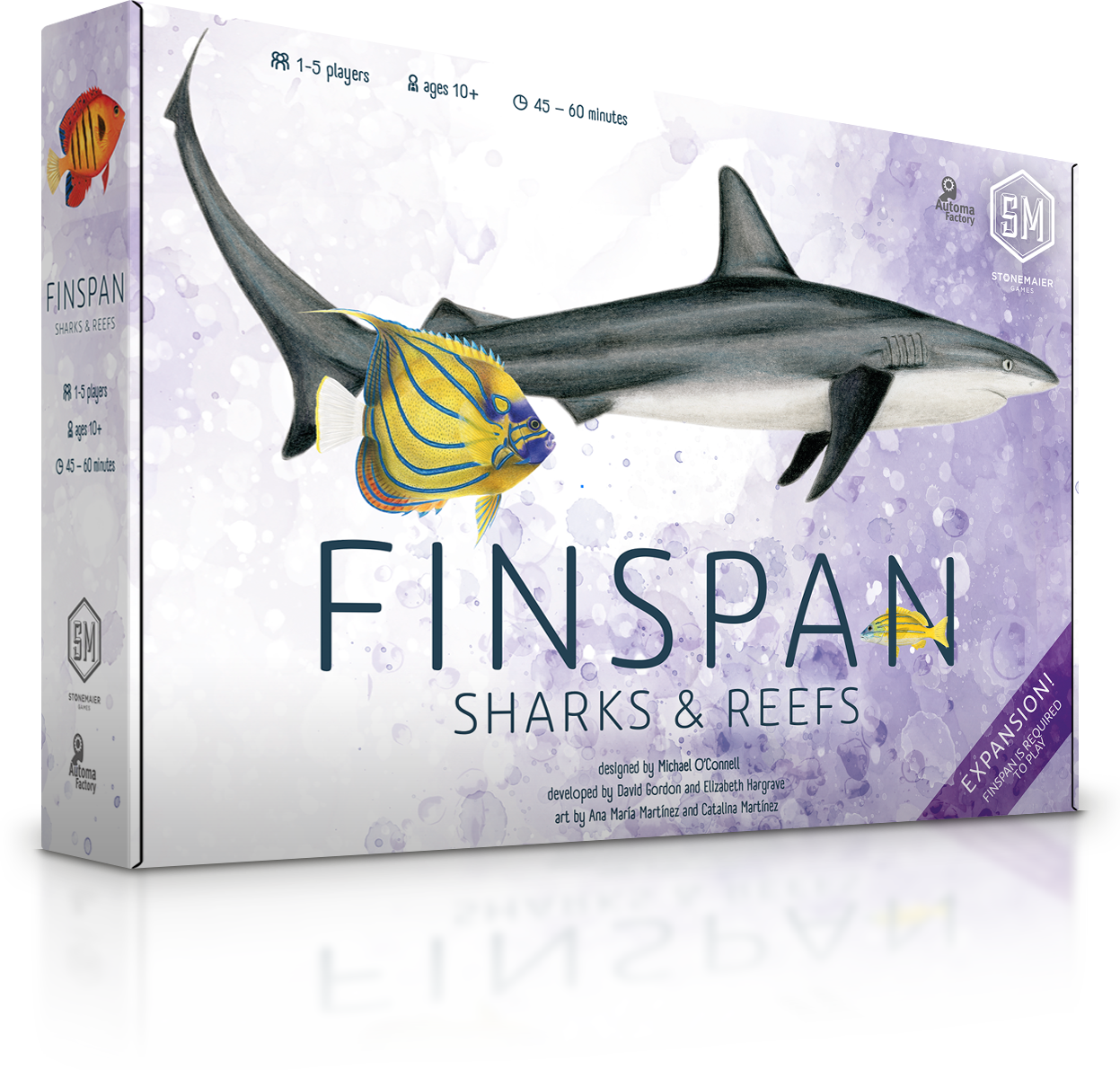 Finspan: Sharks & Reefs Expansion game box with reef fish and a shark on the cover.