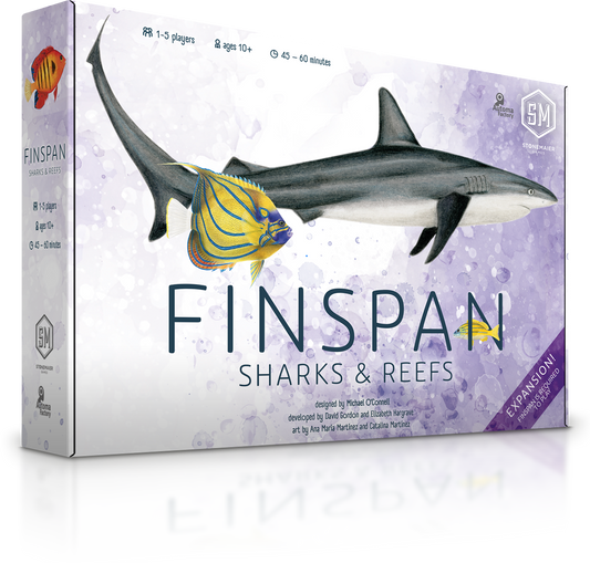 Finspan: Sharks & Reefs Expansion game box with reef fish and a shark on the cover.