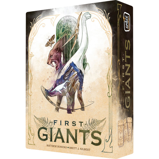 First Giants box featuring stylized animal illustrations: bear, dinosaur, mammoth, and butterfly.
