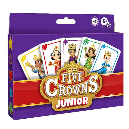 Five Crowns Junior card game box with five royal character cards displayed.