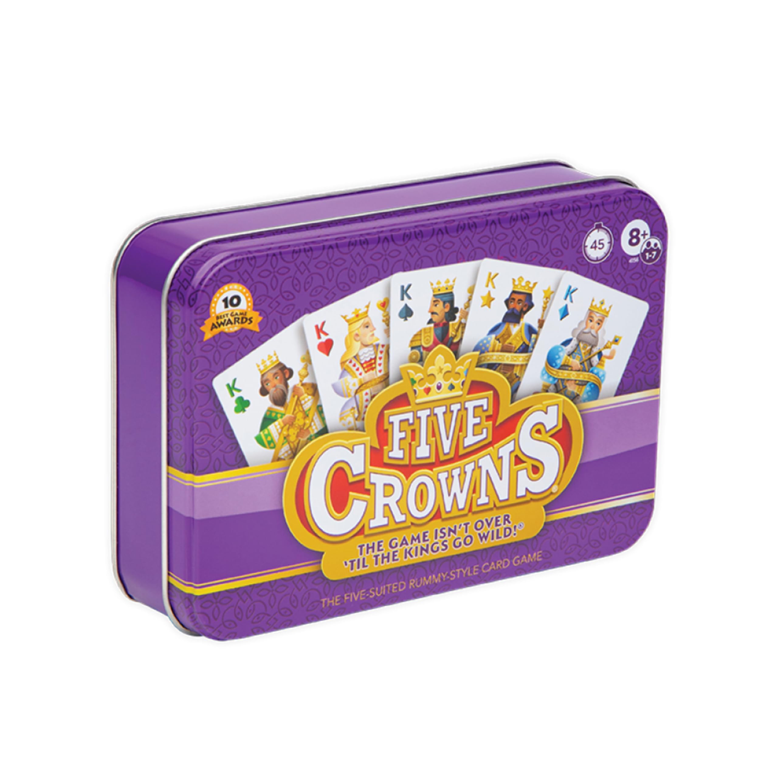 Five Crowns Tin, rectangular case featuring illustrated face cards and a purple background.