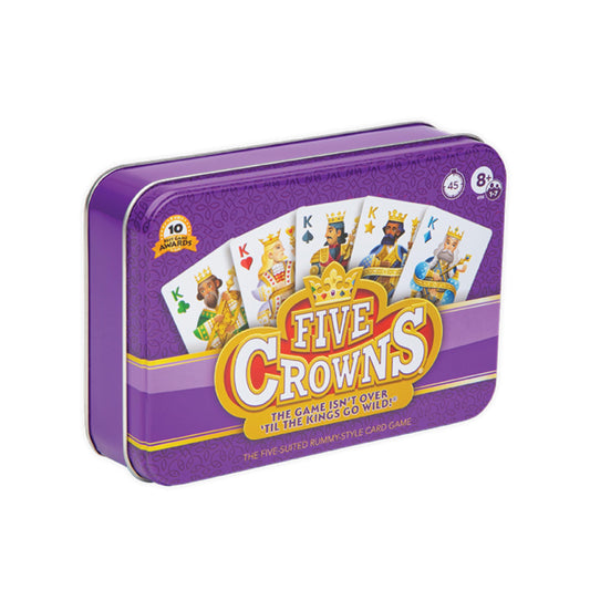 Five Crowns Tin, rectangular case featuring illustrated face cards and a purple background.