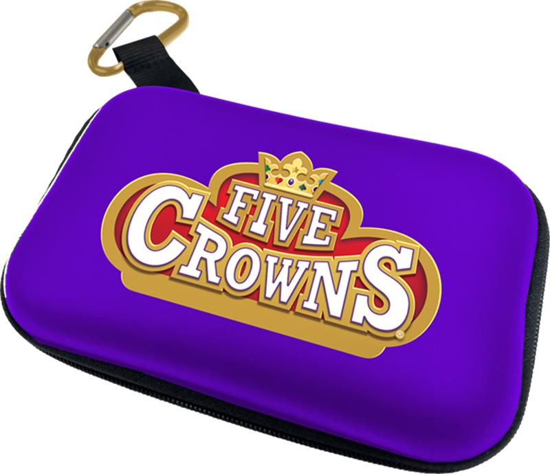 Five Crowns Travel Case, purple with gold and white logo, includes keychain clip.