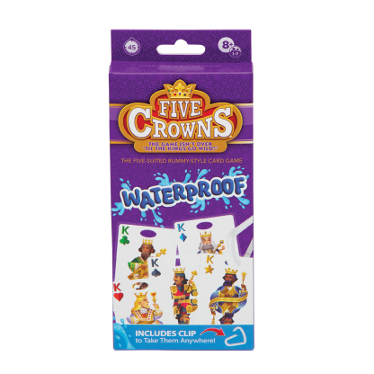 Five Crowns Waterproof Card Game in a purple box, for ages 8 and up.