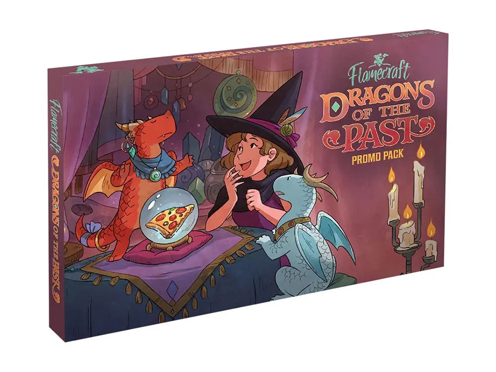 Dragons of the Past Expansion game box with witch, two dragons, pizza crystal ball; includes Artisan Dragon cards.