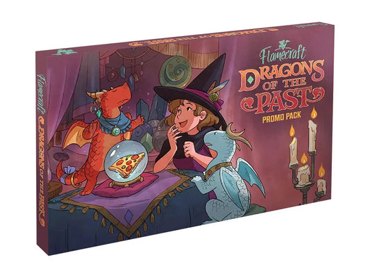 Dragons of the Past Expansion game box with witch, two dragons, pizza crystal ball; includes Artisan Dragon cards.