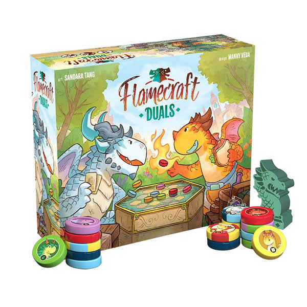 Flamecraft Duals 2-player game with hybrid dragon pieces, colorful tokens, and dragon-shaped components displayed in front.