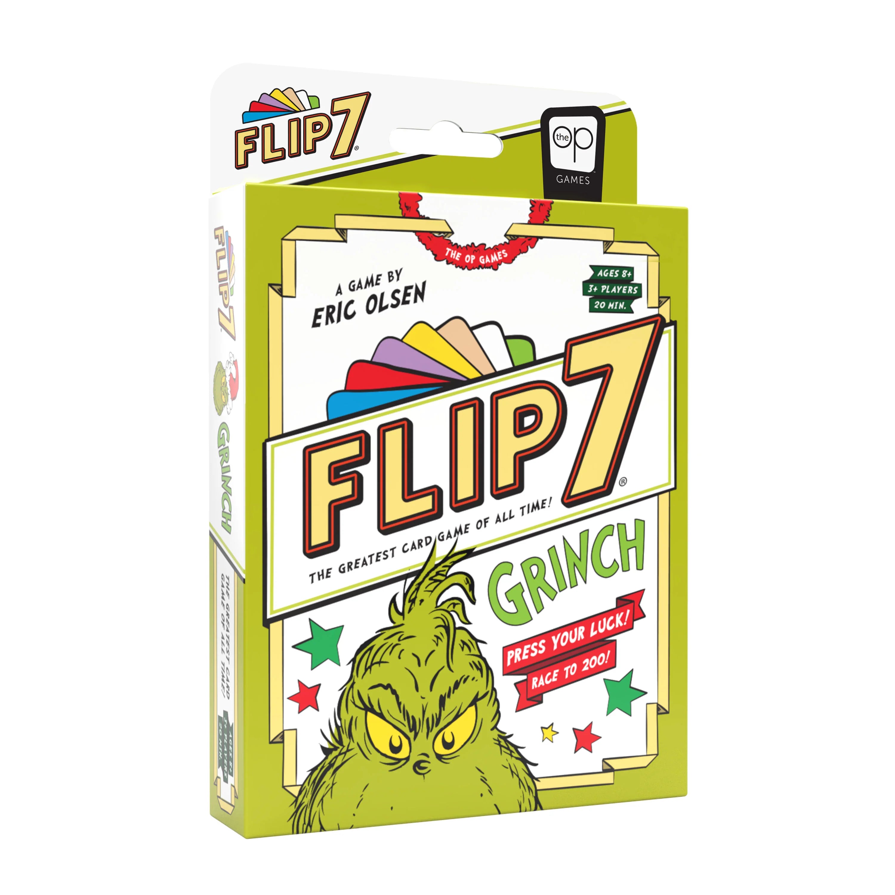 Flip 7: Grinch Edition with cards and stars featuring the Grinch character.