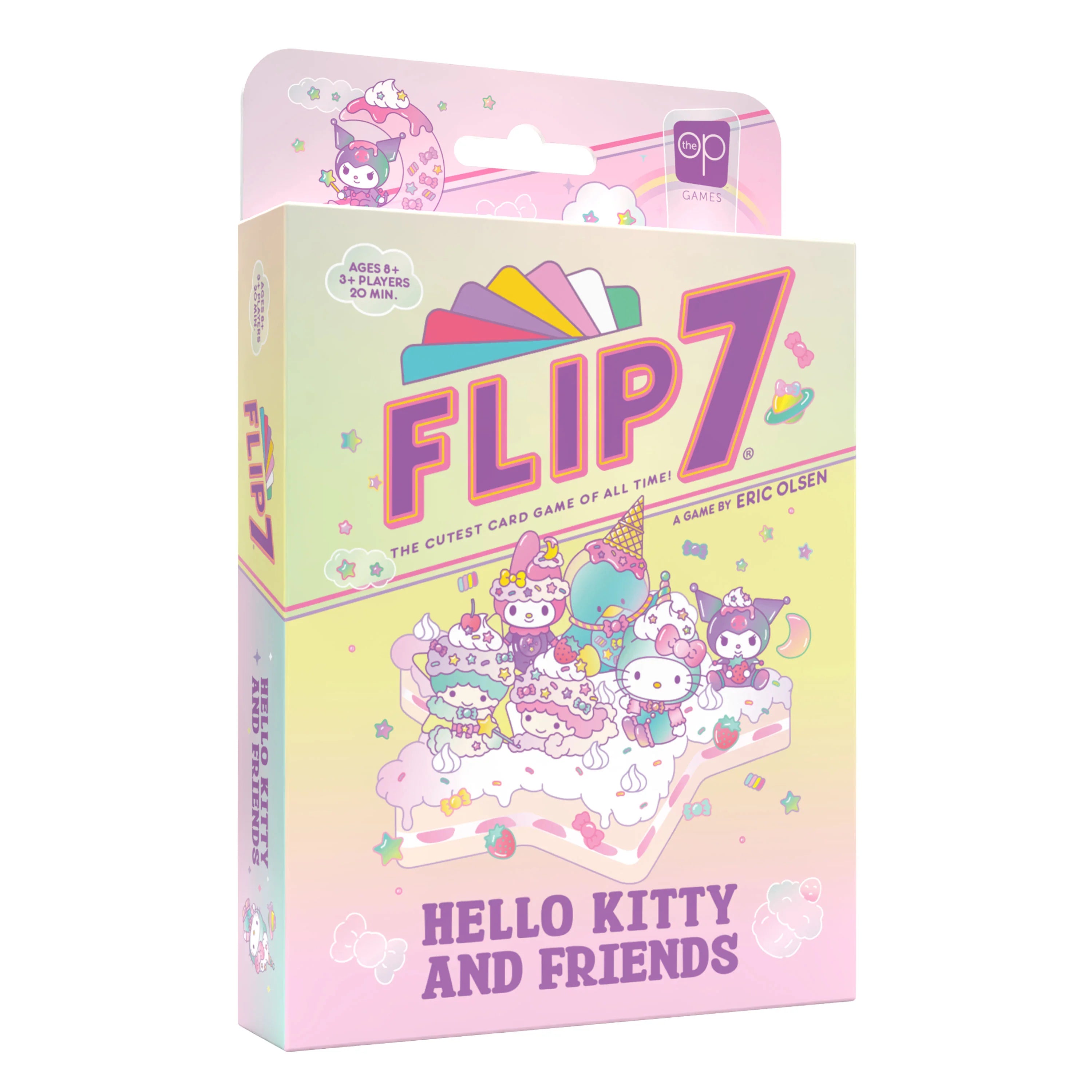 Flip 7: Hello Kitty and Friends pastel card game box featuring Sanrio characters.