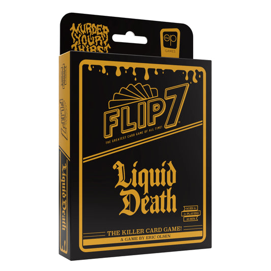 Flip 7: Liquid Death party game box in black and gold with bold lettering and dripping design accents.