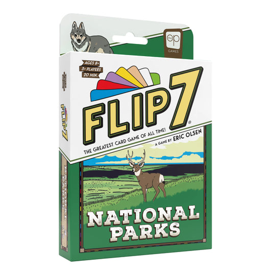Flip 7: National Parks card game with landscape and deer design on packaging.