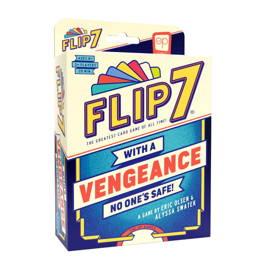 The Flip 7: With a Vengeance game box displaying the text “No One’s Safe” for a press-your-luck card game.