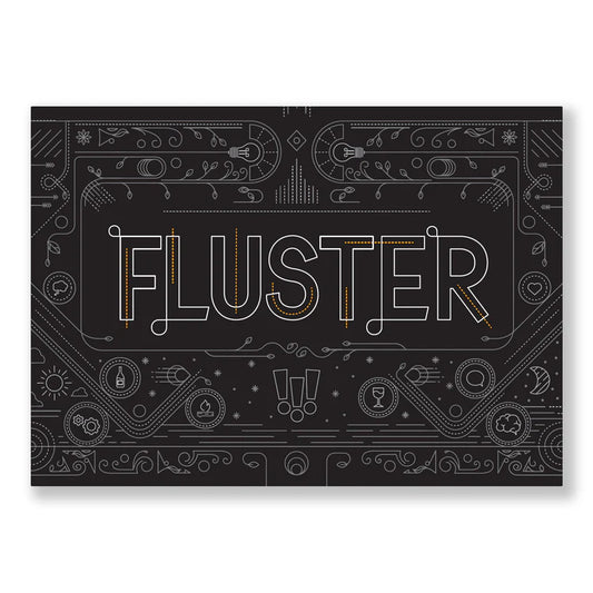Fluster game box with outlined logo, question cards, and line art symbols on a black background.