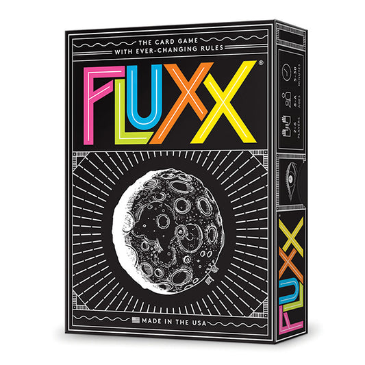 Fluxx 5.0 card game box featuring the FLUXX logo, moon graphic, and mention of ever-changing rules.