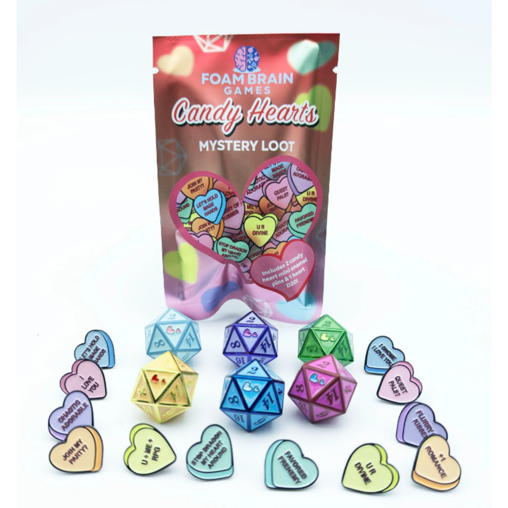 Mystery Loot Dice - Candy Hearts 2 by Foam Brain Games, with colorful heart metal dice and tokens displayed in front.