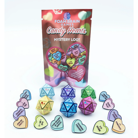 Mystery Loot Dice - Candy Hearts 2 by Foam Brain Games, with colorful heart metal dice and tokens displayed in front.