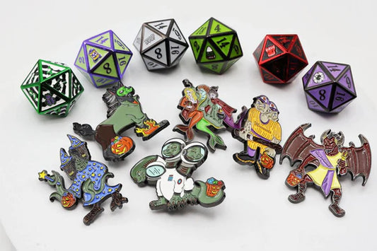 Mystery Loot: Trick or Treat 2 set with colorful D20 dice and enamel pins showing Halloween fantasy characters.