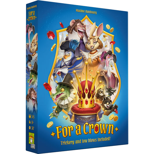 For a Crown board game for 2-4 players, with cartoon animal royalty on a blue background.