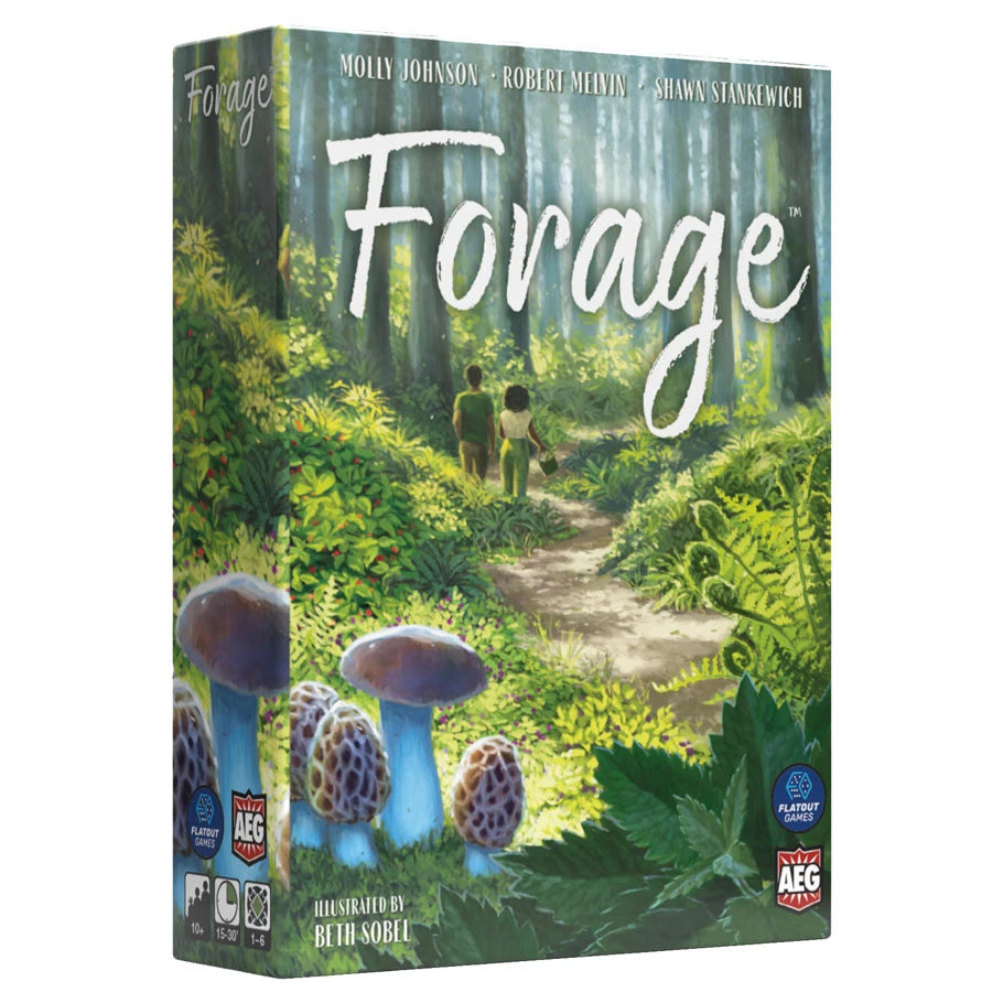 Forage board game box showing two people in Pacific Northwest woods with large mushrooms in the foreground.
