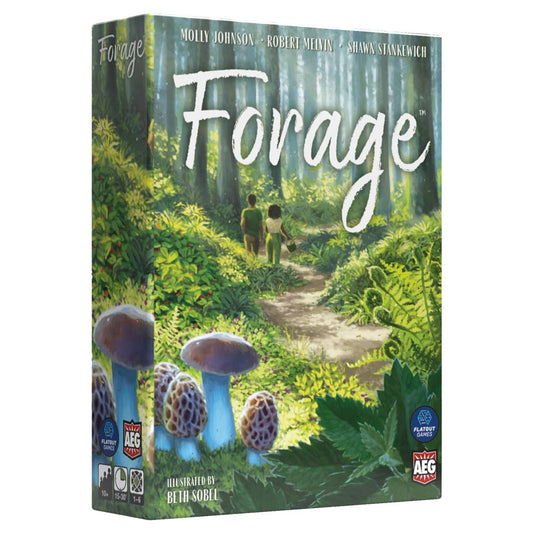 Forage board game box showing two people in Pacific Northwest woods with large mushrooms in the foreground.