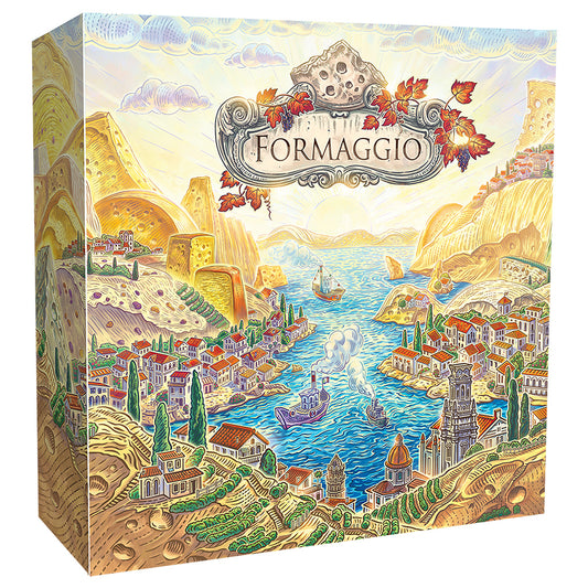 Formaggio board game box featuring Italian cheesemaker and cheese.
