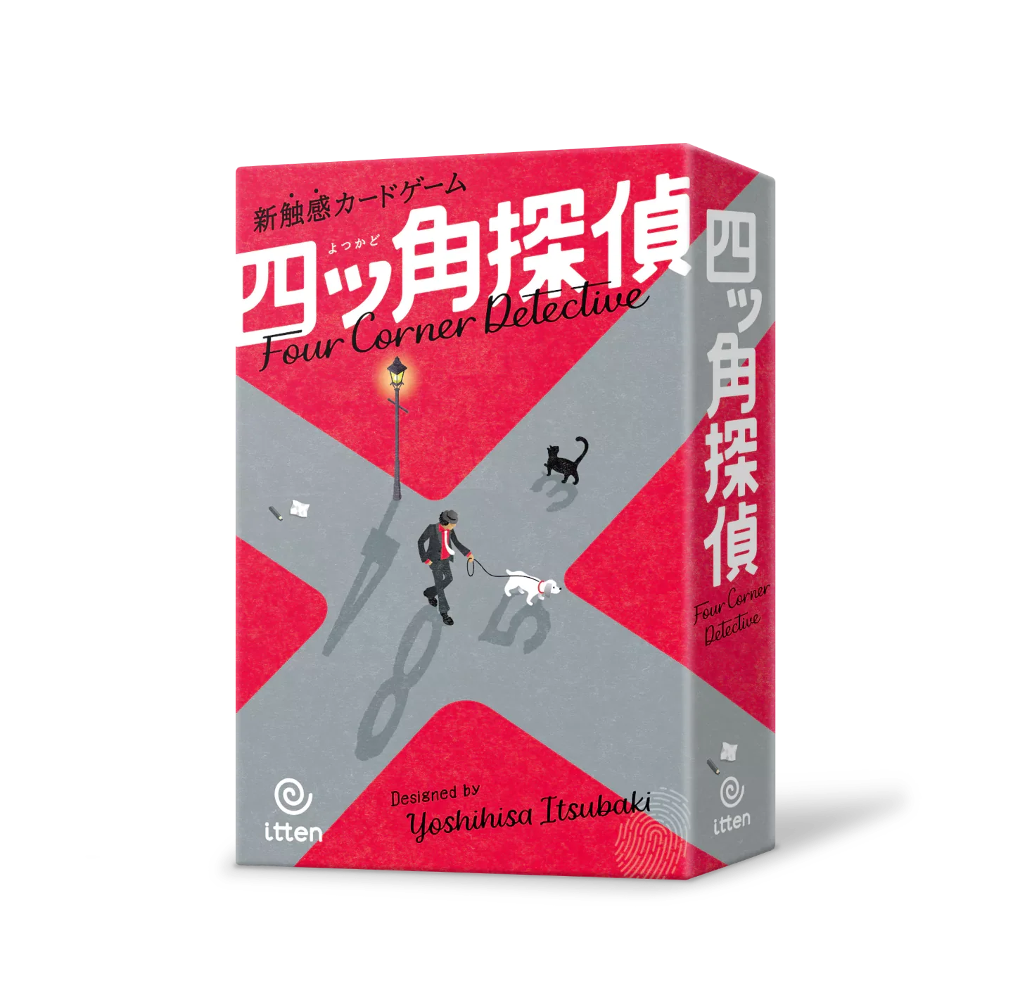The Four Corner Detective game box with Japanese text, two cats, and a keyhole on a red and gray background.