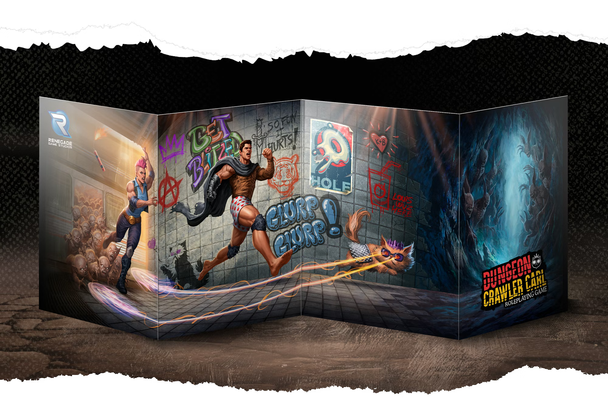 Dungeon Crawler Carl GM Screen & Token Set featuring four adventurers fleeing a monster in a graffiti-covered dungeon.