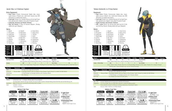 Fragged Empire 2E: Eat Cake character sheets displaying armored warriors stats and equipment.