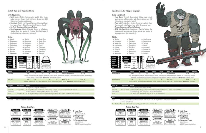 Fragged Empire 2nd Edition: Eat Cake RPG sheets featuring a tentacled alien and an armored orc with a large gun.