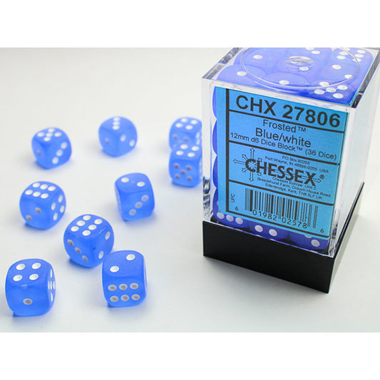 36 Frosted Blue/White 12mm d6 dice, some loose and some in a box, labeled CHX 27806.