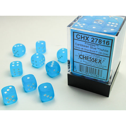 Frosted Caribbean Blue/White 36d6 dice set with some dice scattered on a white surface.