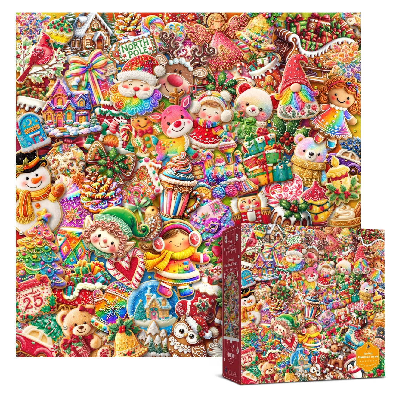 1000 piece jigsaw puzzle, Frosted Christmas Treats theme, featuring cookies, elves, and gingerbread on sturdy cardboard.
