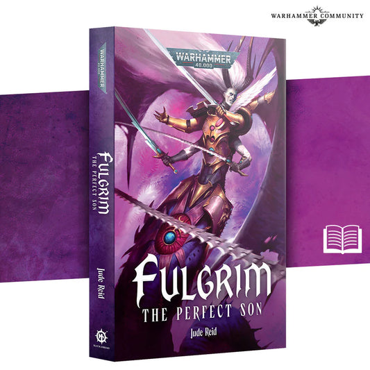 Black Library - Fulgrim: The Perfect Son paperback book cover featuring Fulgrim in ornate armor with a glowing sword.