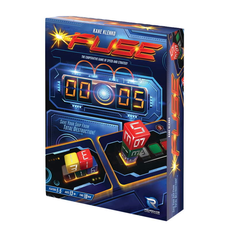 FUSE game box with dice and timer display visible, featuring sci-fi themed graphics.