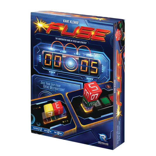 FUSE game box with dice and timer display visible, featuring sci-fi themed graphics.