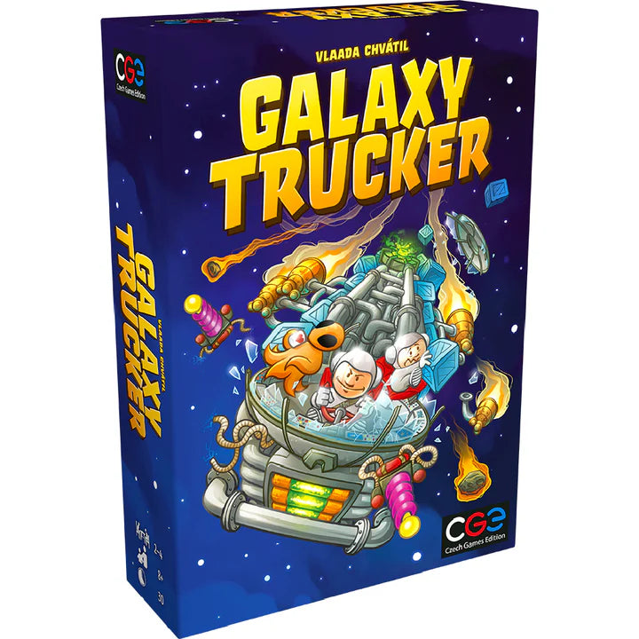 Galaxy Trucker 2nd Edition box cover with cartoon astronauts piloting a spaceship, tiles, and space debris.