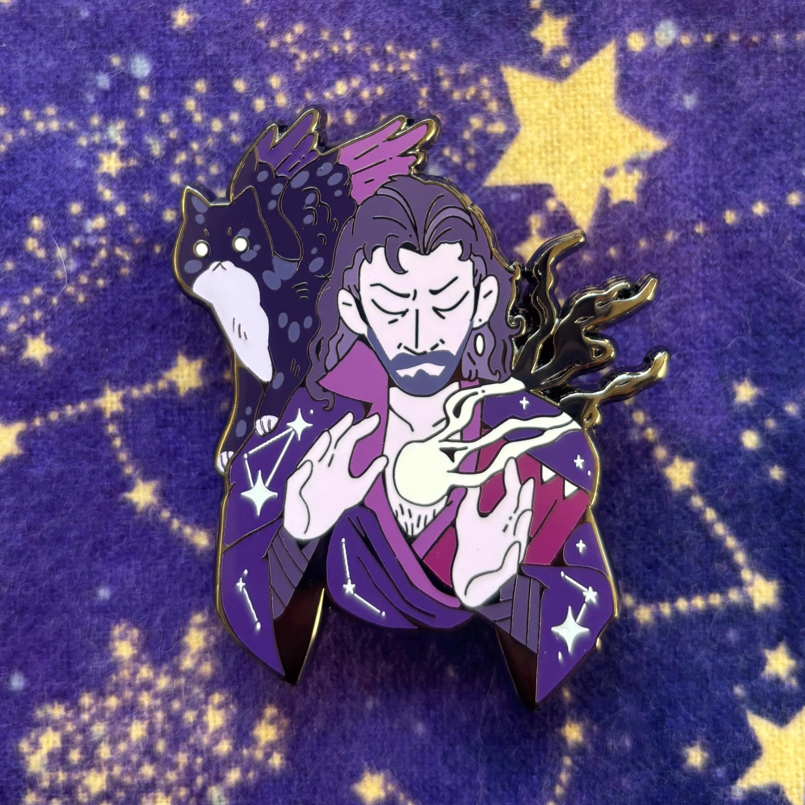 Gale Pins enamel pin featuring a mystical man in a purple robe holding an orb with a black wolf under stars.