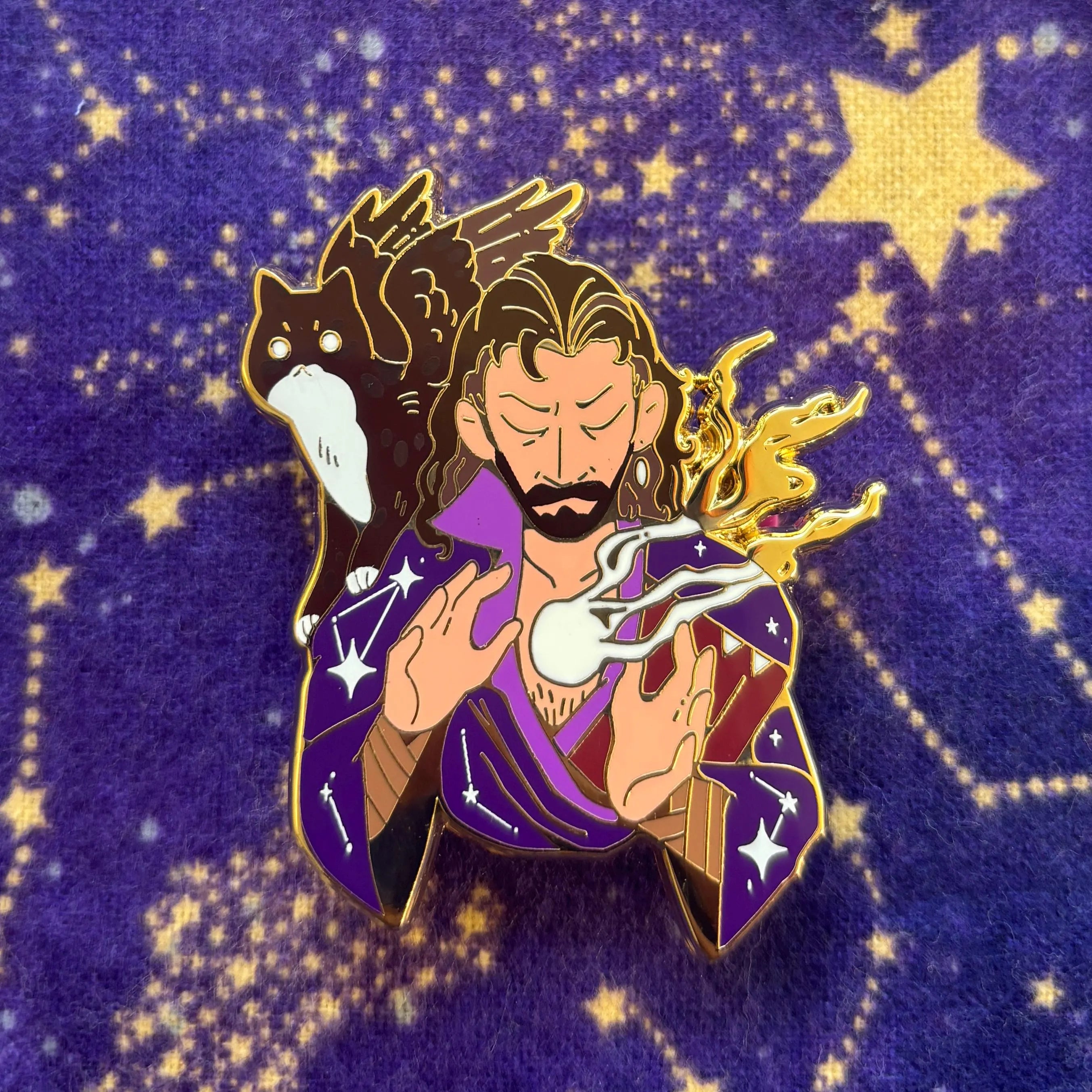 Gale Pins Wizard enamel pin featuring a wizard, black cat, owl, and stars on a purple background.