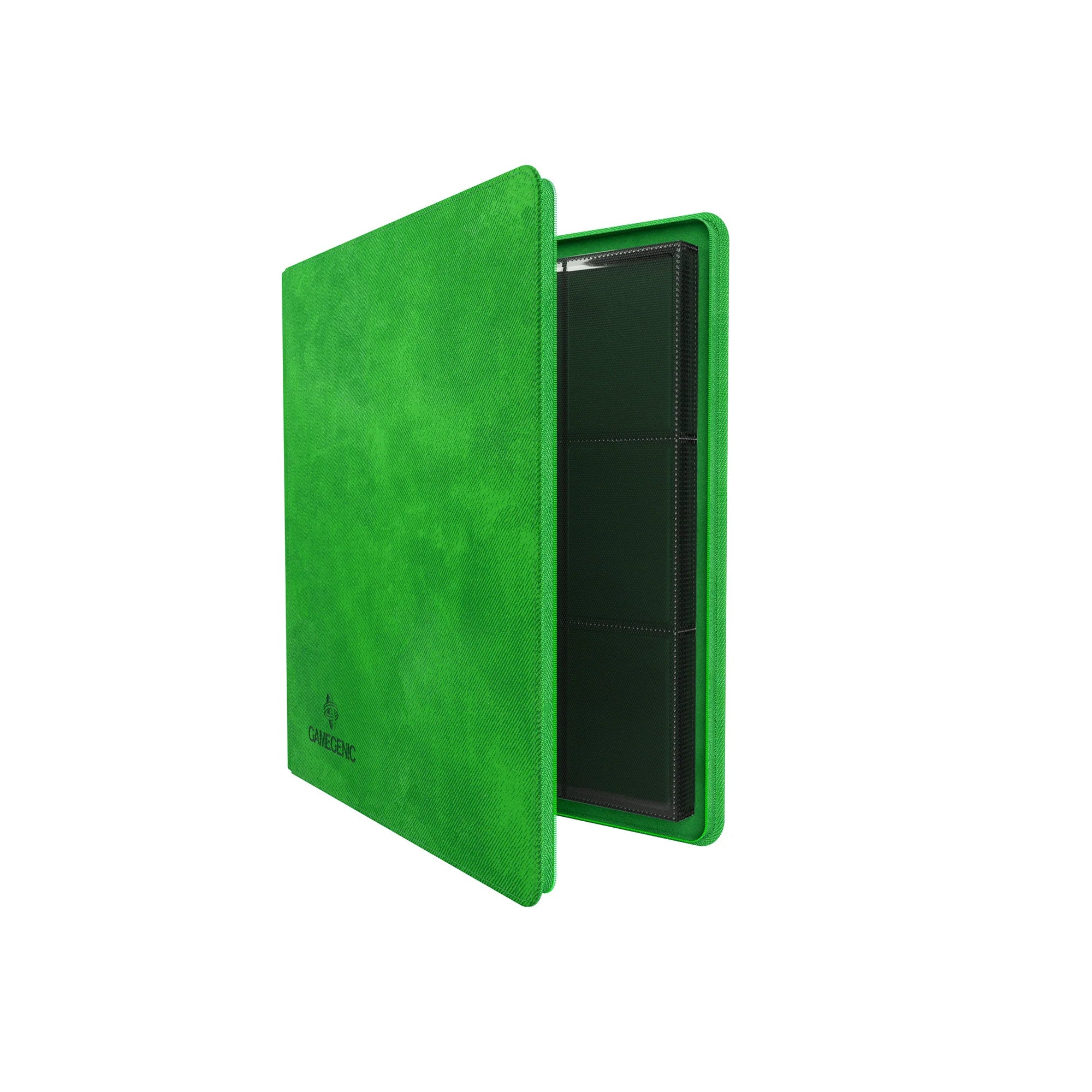 Gamegenic Zip-Up Card Album, 24-pocket (holds 480 cards), slightly open to show black card holder slots inside.