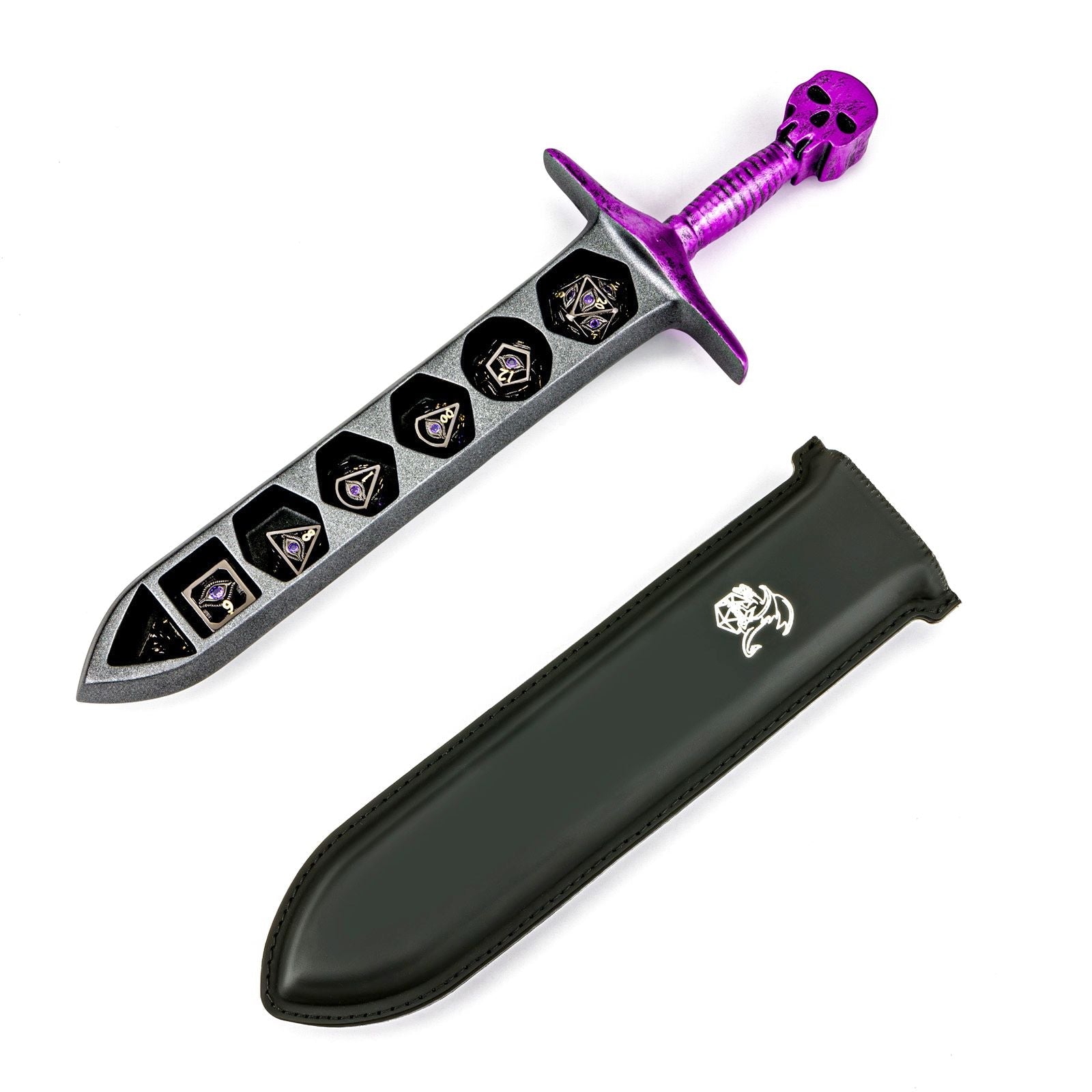 Purple Grim Dagger dice case and sheath; dice shown are not included.
