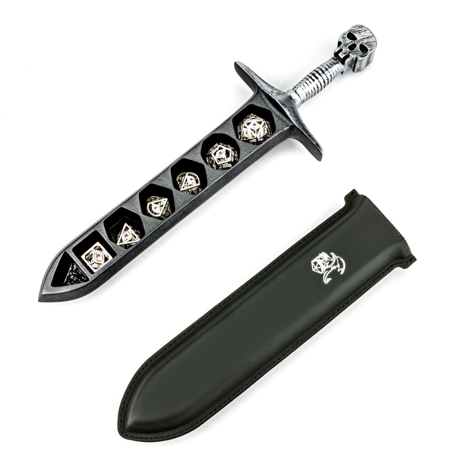 Silver Grim Dagger dice case and sheath; dice shown are not included.