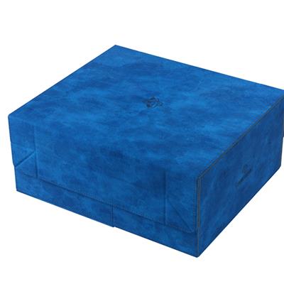 Closed rectangular blue suede Games Lair 600+ card box with subtle logos on the top and side.