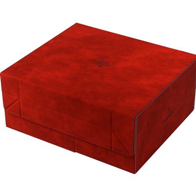 Closed red suede Games Lair 600+ rectangular card storage box with subtle logo on the lid.