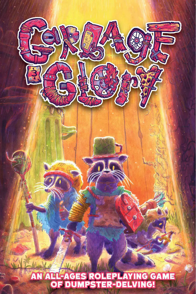 Garbage & Glory game featuring three raccoons in costumes.