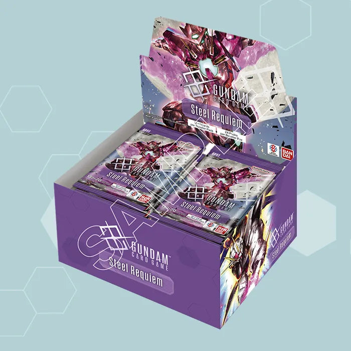 Steel Requiem Booster Box [GD03] containing card packs with anime robot-themed packaging.