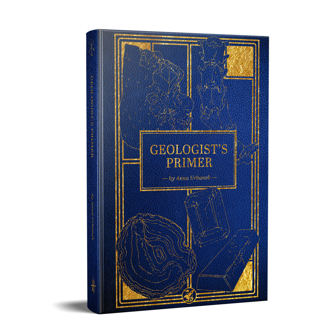 Geologist’s Primer Deluxe Edition field guide, blue and gold cover with crystals and minerals.