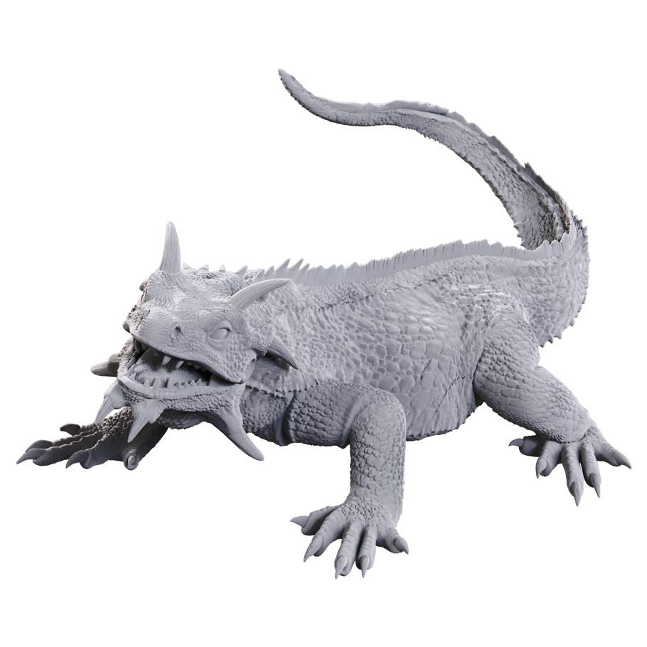 Gray Tortle Druid and Giant Lizard Nolzur’s Marvelous Miniatures, textured, unpainted, on white background.