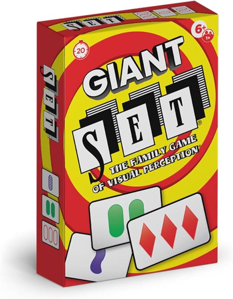 Giant Set card game for ages 6+, in a red and yellow box with cards shown on the front.