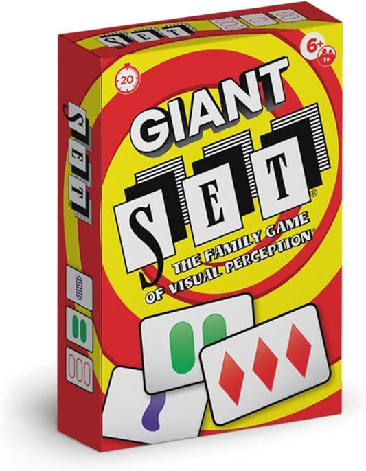 Giant Set card game for ages 6+, in a red and yellow box with cards shown on the front.